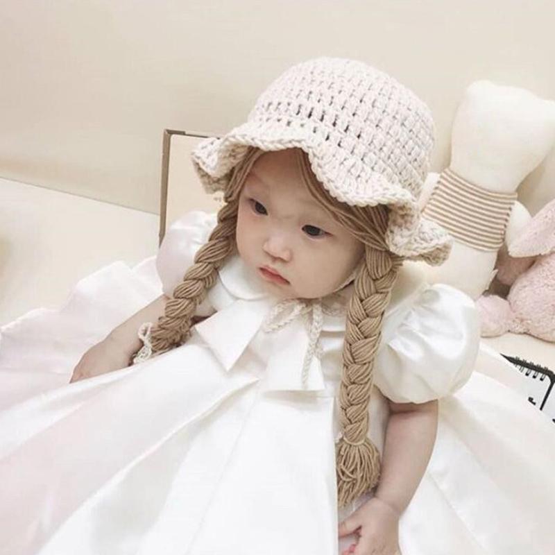 Winter Soft Warm Baby Children Knitted Cute Wig Big Braid Kids Girls Boys Princess Hat Birthday Christmas Party