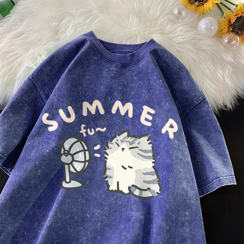 American Street Creative Blow Fan Cat Pure Cotton T-shirt Men Women Summer Relaxed Short Sleeve Couple Vintage Water Washing Top