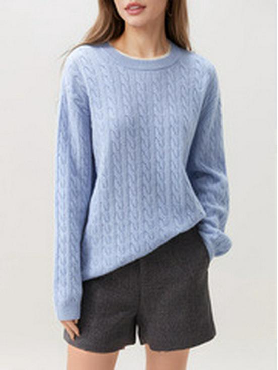 Autumn & Winter Solid Color Round Neck Cable Knit Lazy Style Sweater