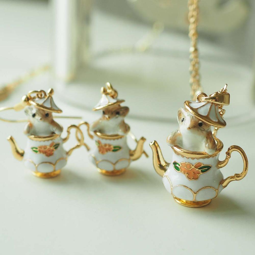 

European Style Tea Cup Chipmunk Jewelry Set Handmade Resin Pendant Earrings Necklace for Women