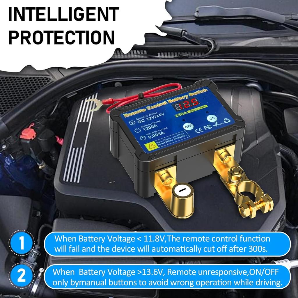 Remote Battery Disconnect Switch 12V, 240A, Upgrade Smart Voltage Car Kill Switch Anti-Theft, Prevent Battery Drain, For Car, Truck, RV