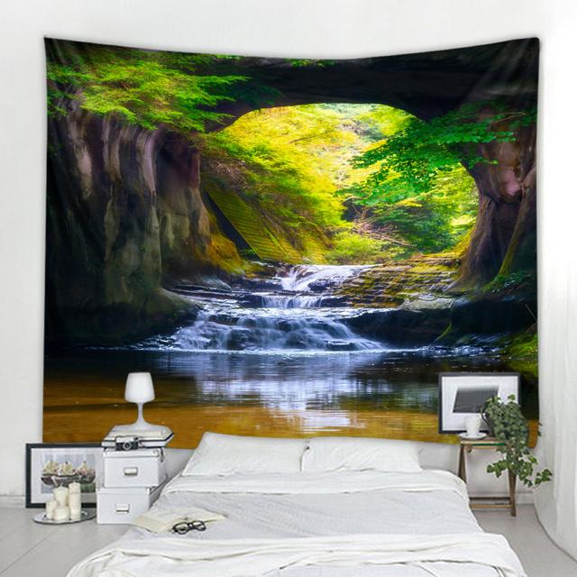 Wunderschöner Höhlen-Wasserfall-Digitaldruck, Wandbehang, Hippie-Wandteppich, Polyesterstoff, Heimdekoration, Wandteppich