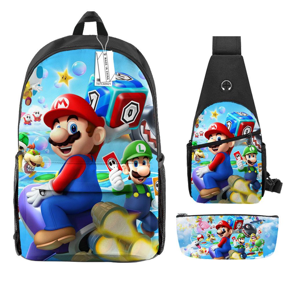 Animation Backpack, Super Mary Primary School Student Print Children'S Backpack Satchel Pencil Case Three-Piece Set