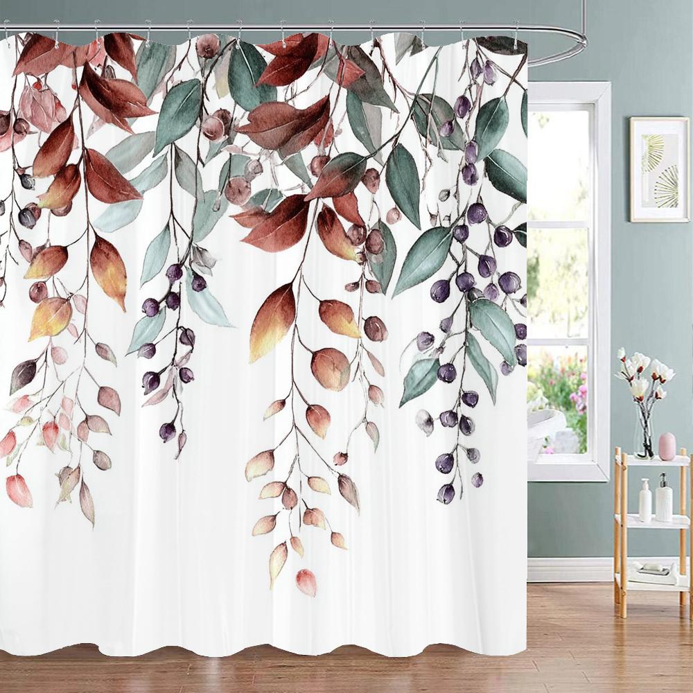Modern Plants and Leaves Shower Curtain, Botanical Leaf Bathroom Decor Shower Curtain, Waterproof Shower Curtain with Hooks