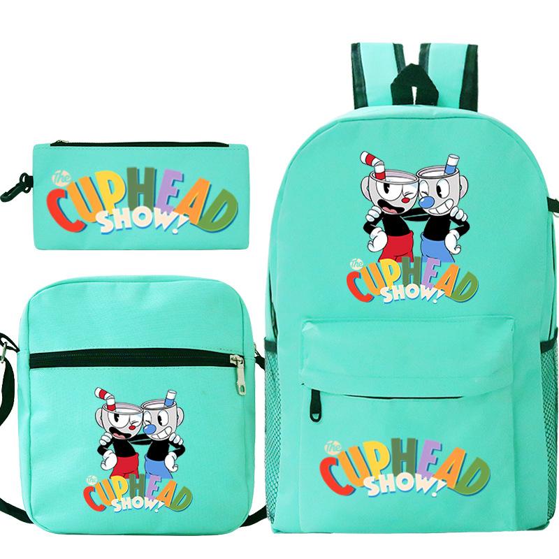 Cartoon Teacup Head Cuphead Student School Bag Backpack Three-piece Set Children's Shoulder Bag Pencil Bag