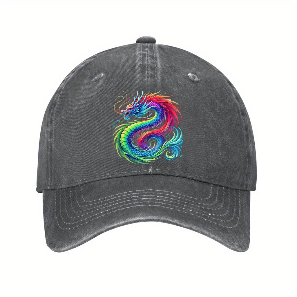 Rainbow Dragon Print Washed Denim Baseball Cap Adjustable Casual Dad Hat Unisex