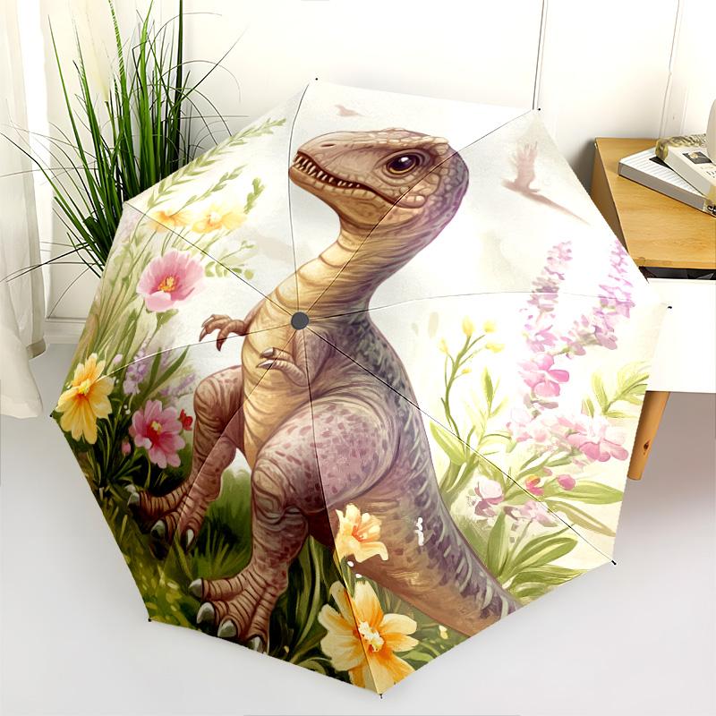 Flower Dinosaur  pattern, automatic folding umbrella, portable and foldable design, 8 ribs, a Christmas or birthday gift.