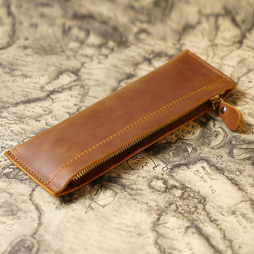 2026 Leather Pencil Bag Academy First Layer Crazy Horse Leather Handmade Change Bag Student Pencil Bag Stationery Storage Bag