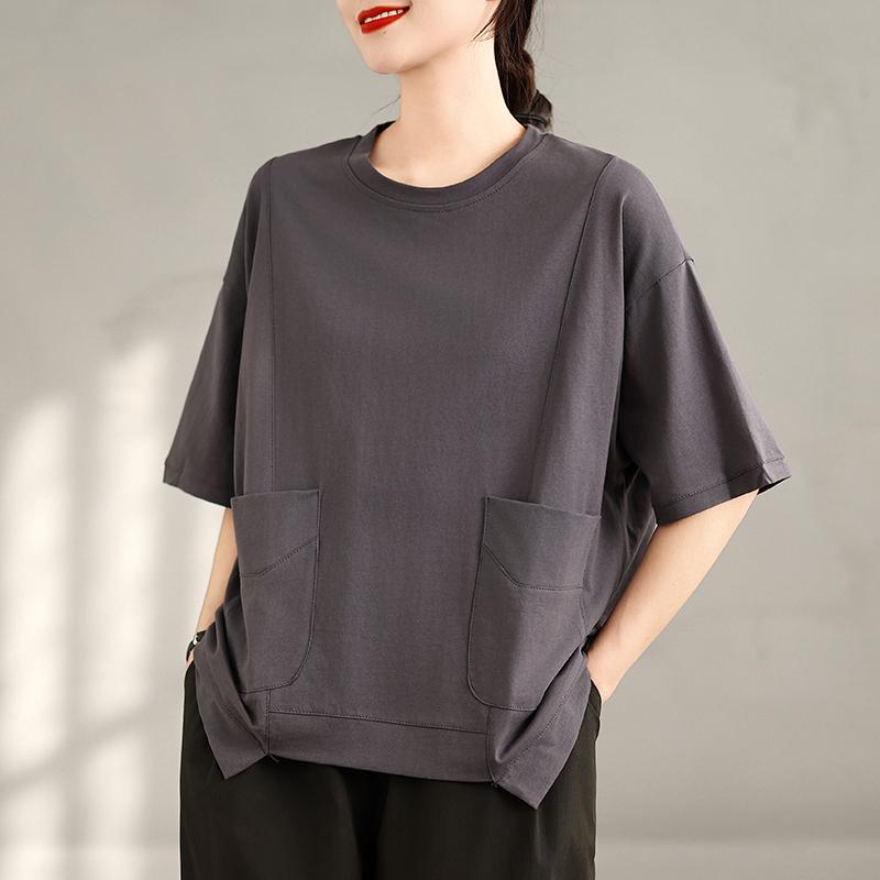 DIMANAF 2025 Summer T-Shirt Plus Size Women Casual Pockets Solid Short Sleeve Loose Tops