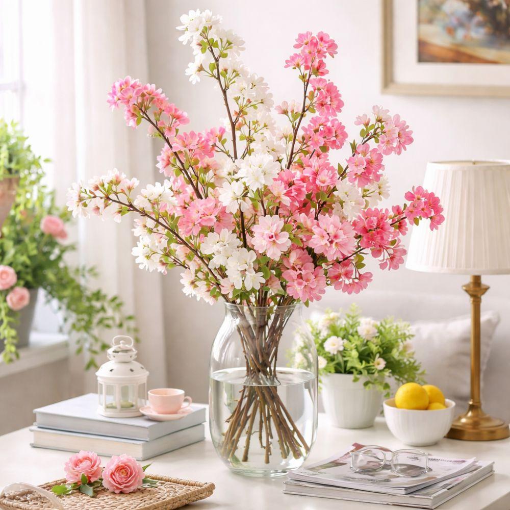 Realistic Silk Cherry Blossoms Branch Long Fake Flower Artificial Cherry Blossom  Table Decoration