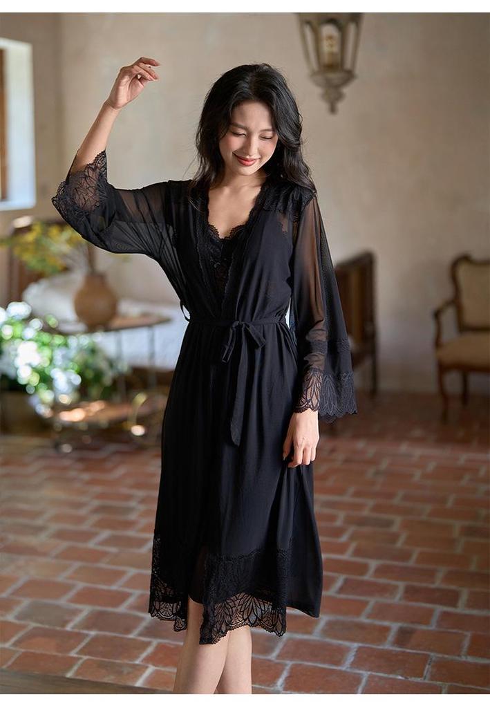 French Court-Style Long Sleeve Camisole Sleep Dress with Bra Pads - Two-Piece Fairy Home Wear Set