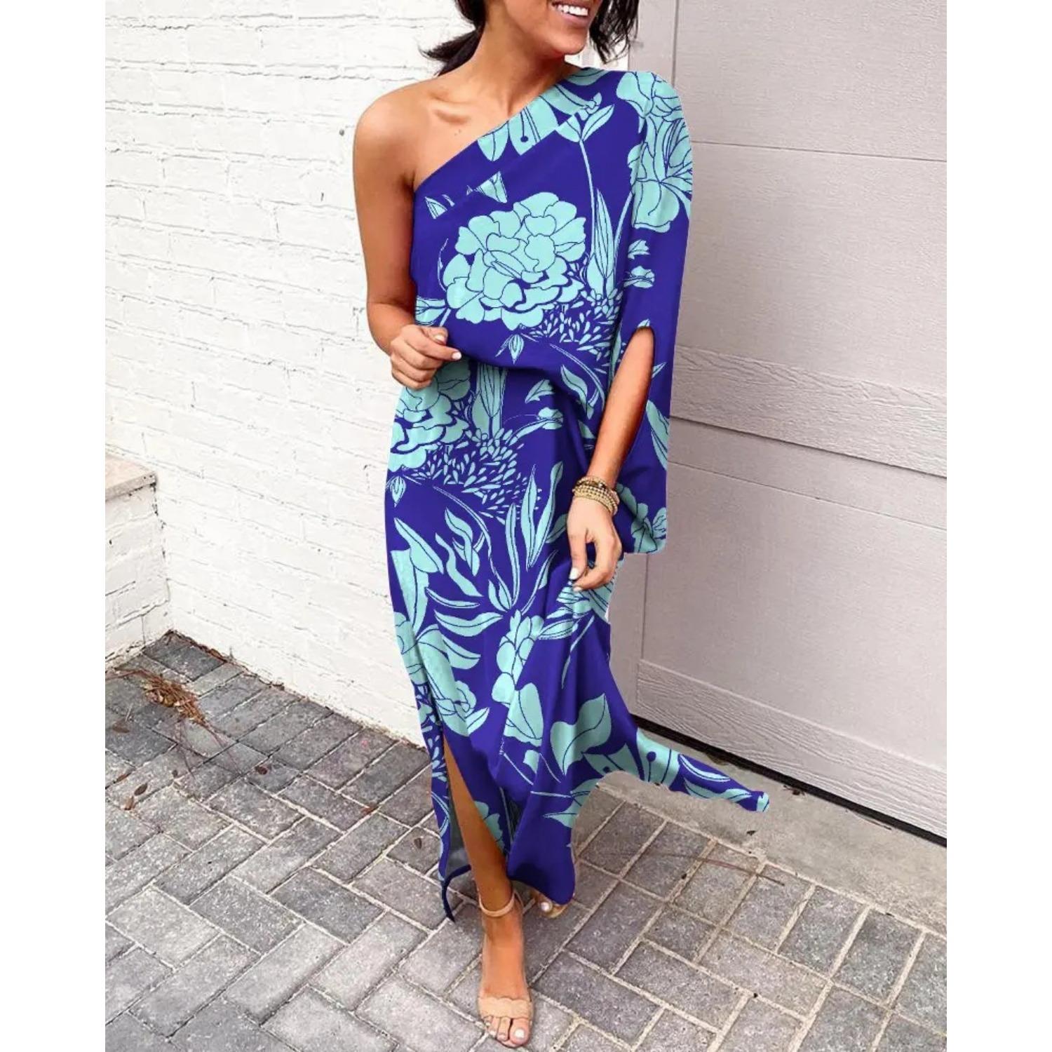 

2025 Новое женское платье с заниженной талией, элегантное платье с принтом, весна-лето, свободное и удобное 3XL синий
