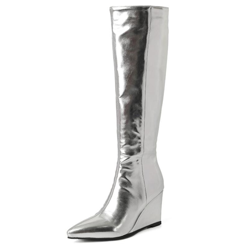 

Модные ботфорты на танкетке женские 2024 зимняя обувь роскошная молния золото серебро длинный сапог женские танкетки каблуки туфли для вечеринки женские 36 серебряный