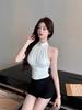 White Half-Turtleneck Sleeveless Halter Top with Built-in Pads—Slimming Seductive Sexy Backless Strappy Pleated Top