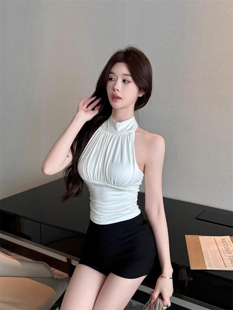 White Half-Turtleneck Sleeveless Halter Top with Built-in Pads—Slimming Seductive Sexy Backless Strappy Pleated Top