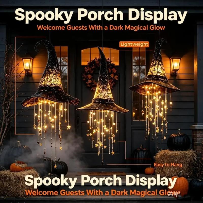 Lighted Witch Hat Hanging Chime, Halloween Outdoor Ornament, Glowing Mesh Cascading Stars, Black Frame Decoration, Party Decor