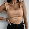 Tank Tops Frauen Quadrat Kragen Solide Stricken Casual Grundlegende Sommer Gerippte Schlanke Rüschen Tops Frauen