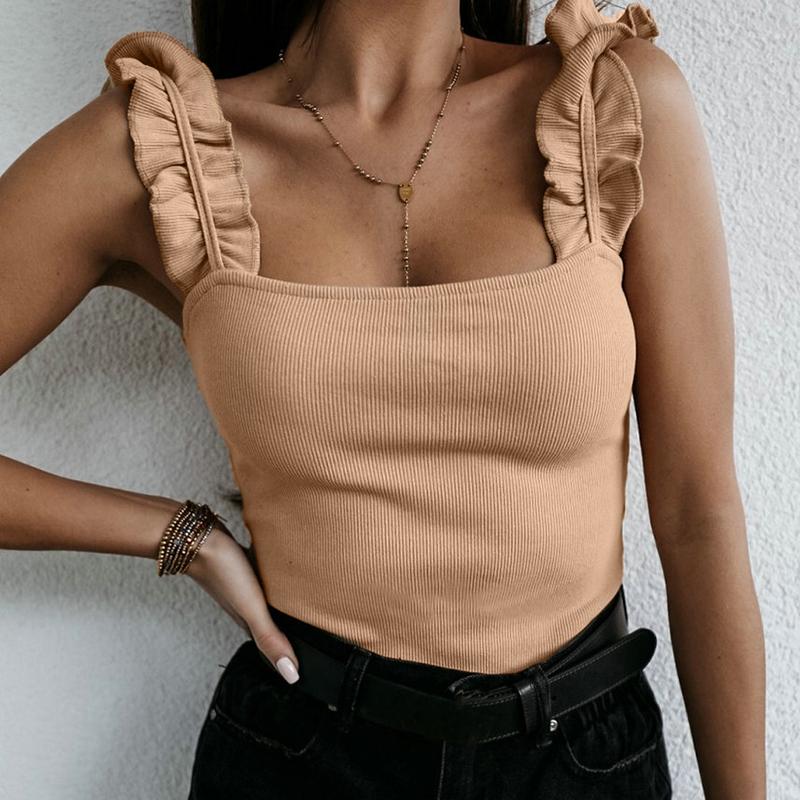 Tank Tops Frauen Quadrat Kragen Solide Stricken Casual Grundlegende Sommer Gerippte Schlanke Rüschen Tops Frauen