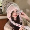 A Japanese style Winter Country Style Plush Double Braid Color Blocked Cold proof and Warm Ear Protecting Hat That Shows Off The Face