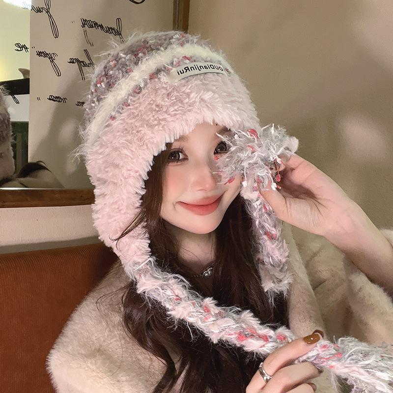 A Japanese style Winter Country Style Plush Double Braid Color Blocked Cold proof and Warm Ear Protecting Hat That Shows Off The Face