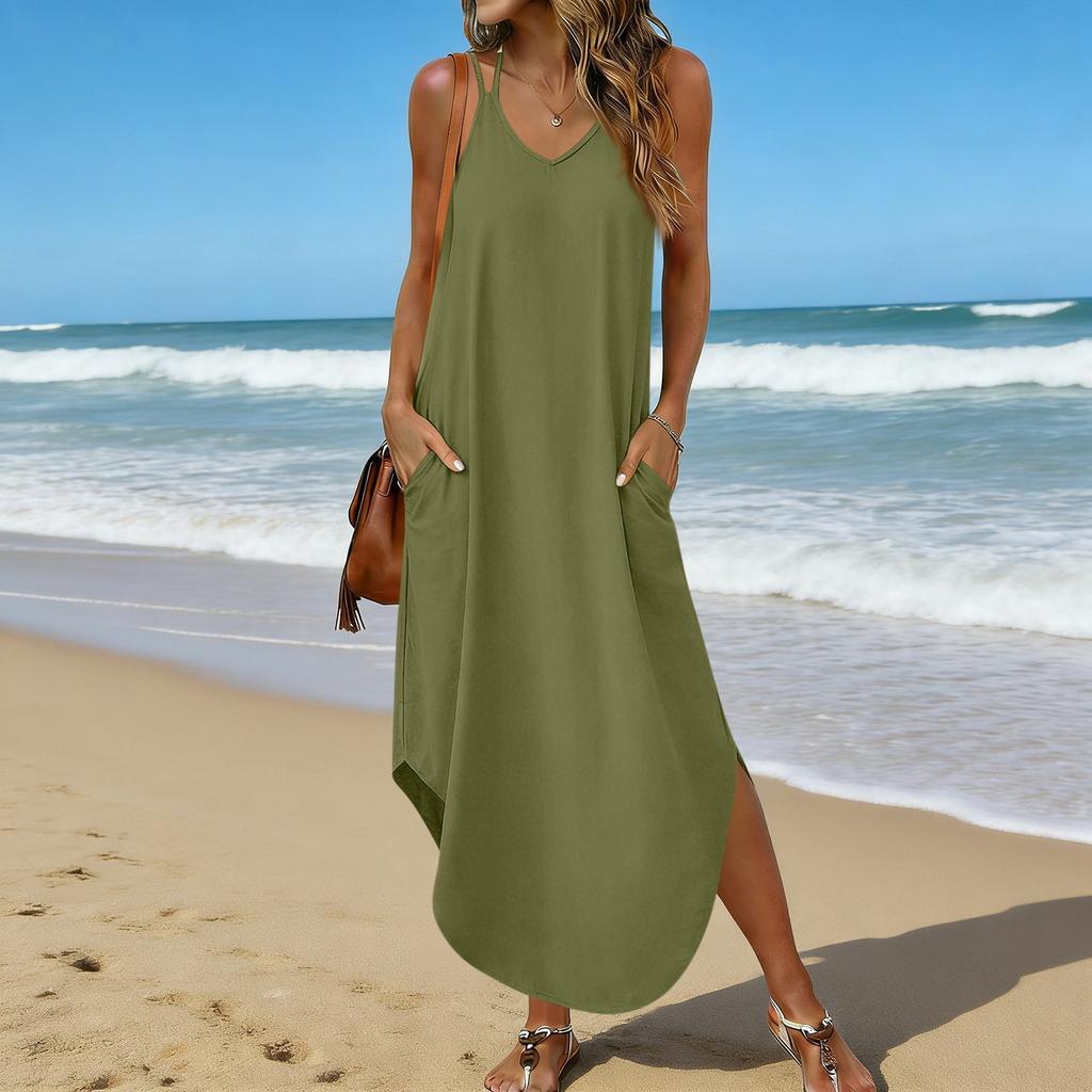 Women's Fashion Casual V-neck Sleeveless  Dresses Print Dresses Beach Long Dresses