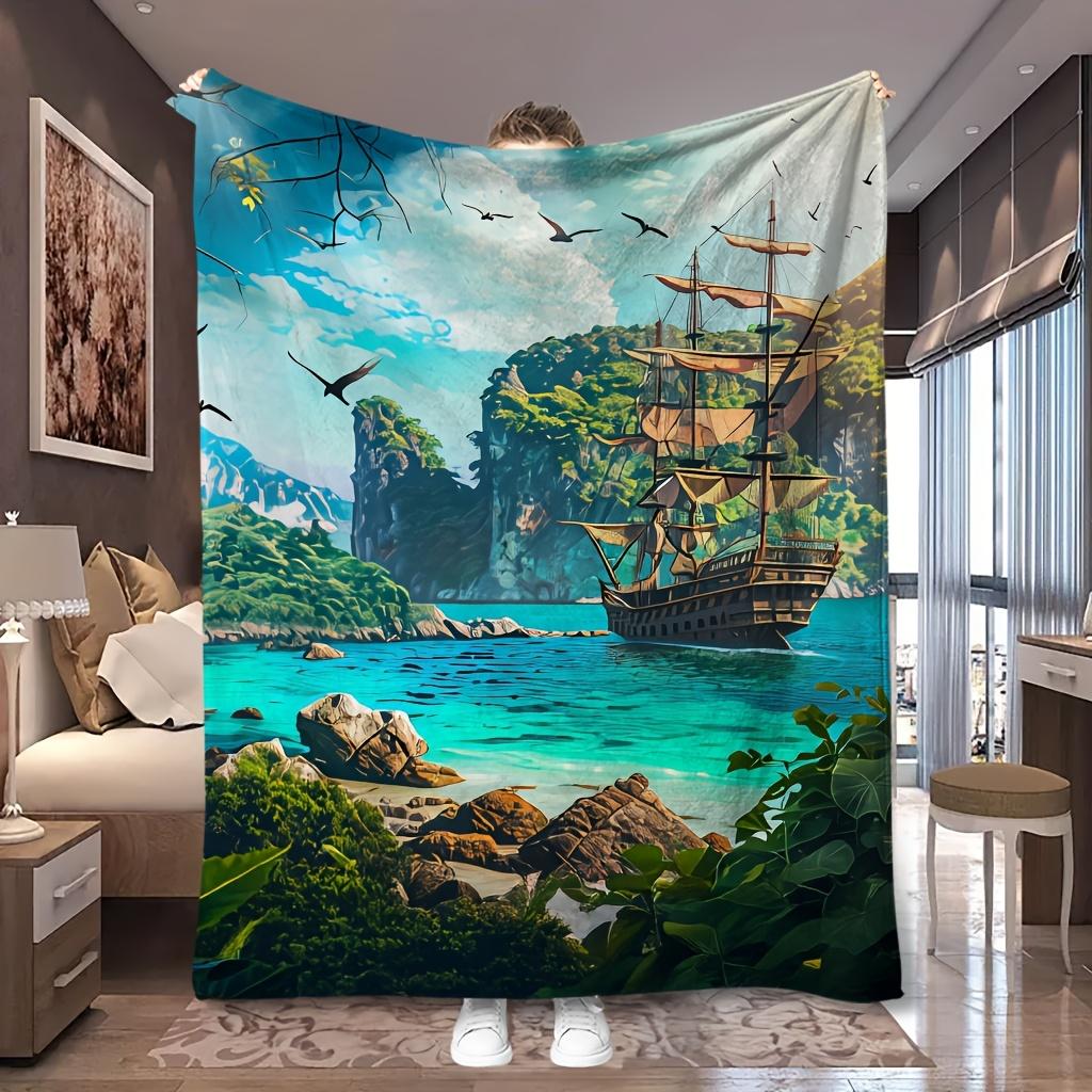 1pc Tropical Island Pirate Ship Fantasy Print Flannel Blanket, Comfortable And Portable, Suitable for Blankets, Bed Covers, Bedroom, Picnic, And Campi