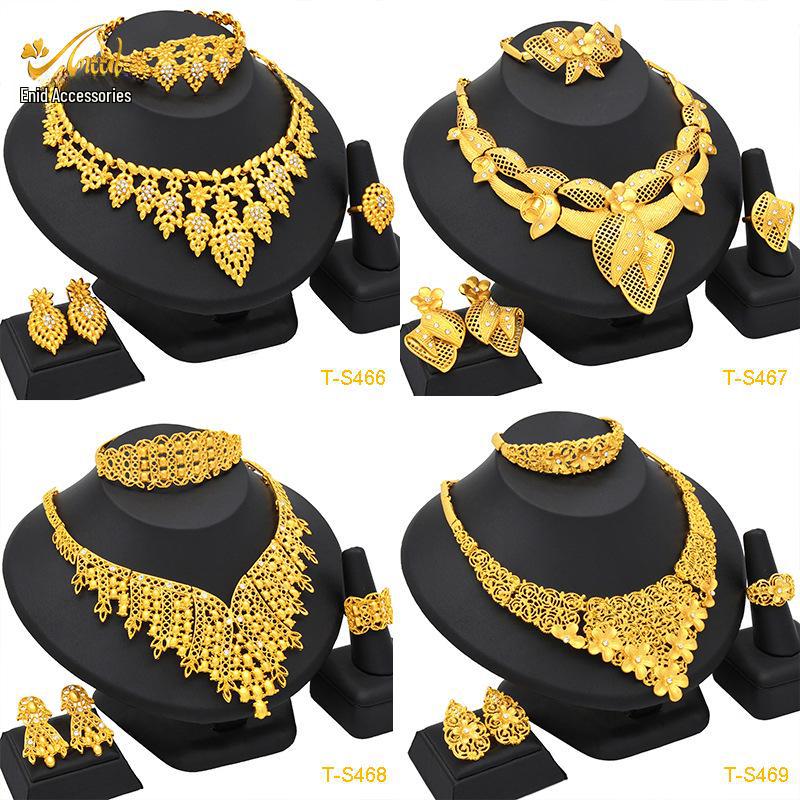 Indian Dubai Sand Gold Jewelry Set: Necklace, Bracelet, Ring & Earrings for Bridal Wedding.