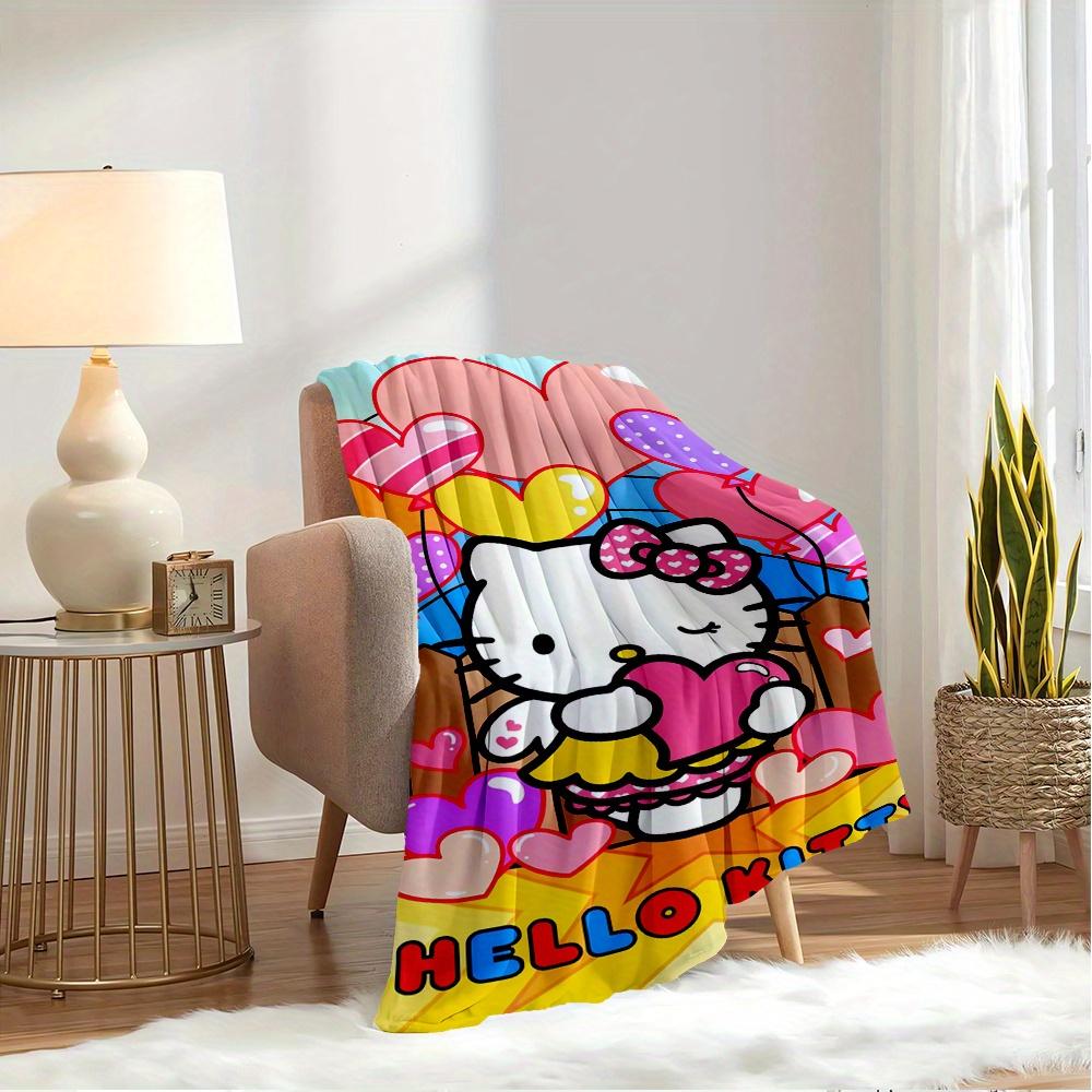 For Hello Kitty, Hearts, CelebrationAnime-Themed Flannel Blanket, Glam Style, Digital Print, All-Season Comfort, Tear-Resistant, Knitted Cra