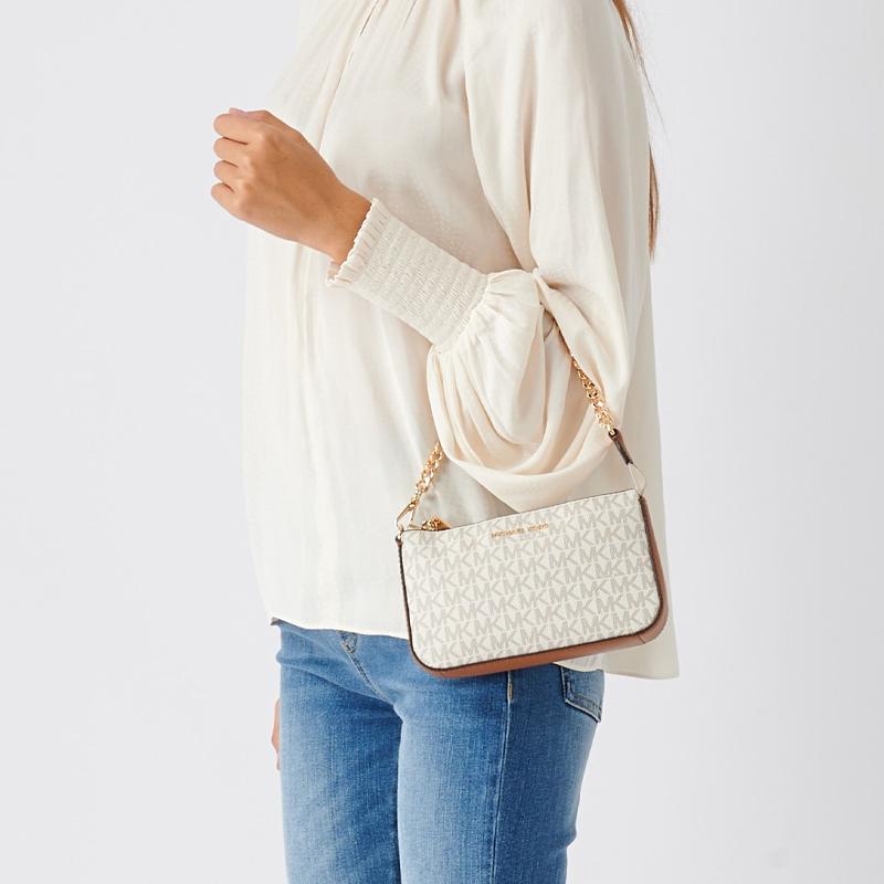 Michael Kors Shoulder Bag Retro Casual Commuting Travel Classic Letter Logo Old Flower Printed Chain Leather Mahjong Hand Small Size Women's Vanilla