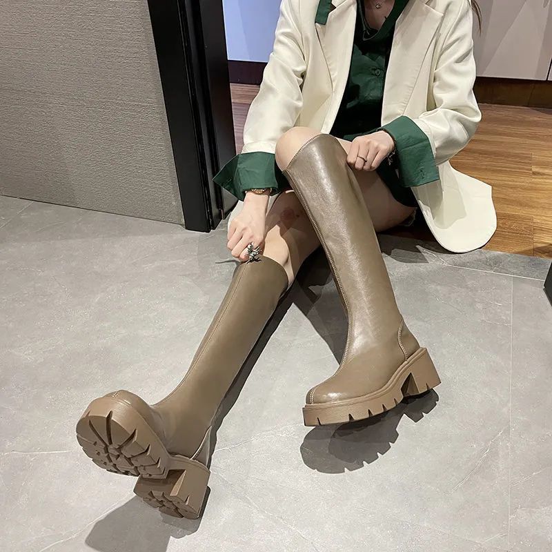 V-mouth knight boots women's thin soft leather muffin thick-soled cigarette boots small people are tall but knee boots high boots