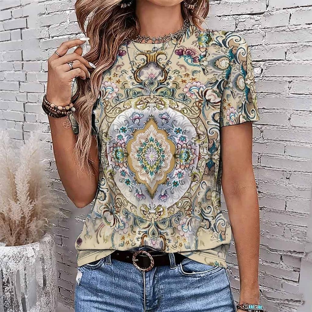 Fashion Women Retro Geometry and Leopard Pattern Patterns Print T Shirt Funny Casual O-neck Short Sleeves T-shirt Summer Female Tee Shirt