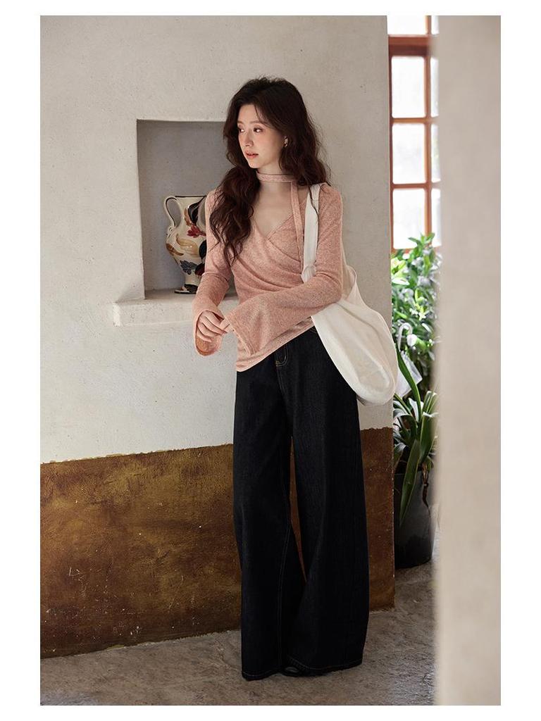 Yimeng 2026 Korean High Waist Wide Leg Retro Jeans in Dark Blue