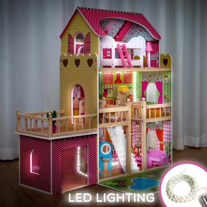 Maison De Poupée - Kinderplay - Grande Maison En Bois - 90 Cm - 9 Pièces - Lumière Intégrée