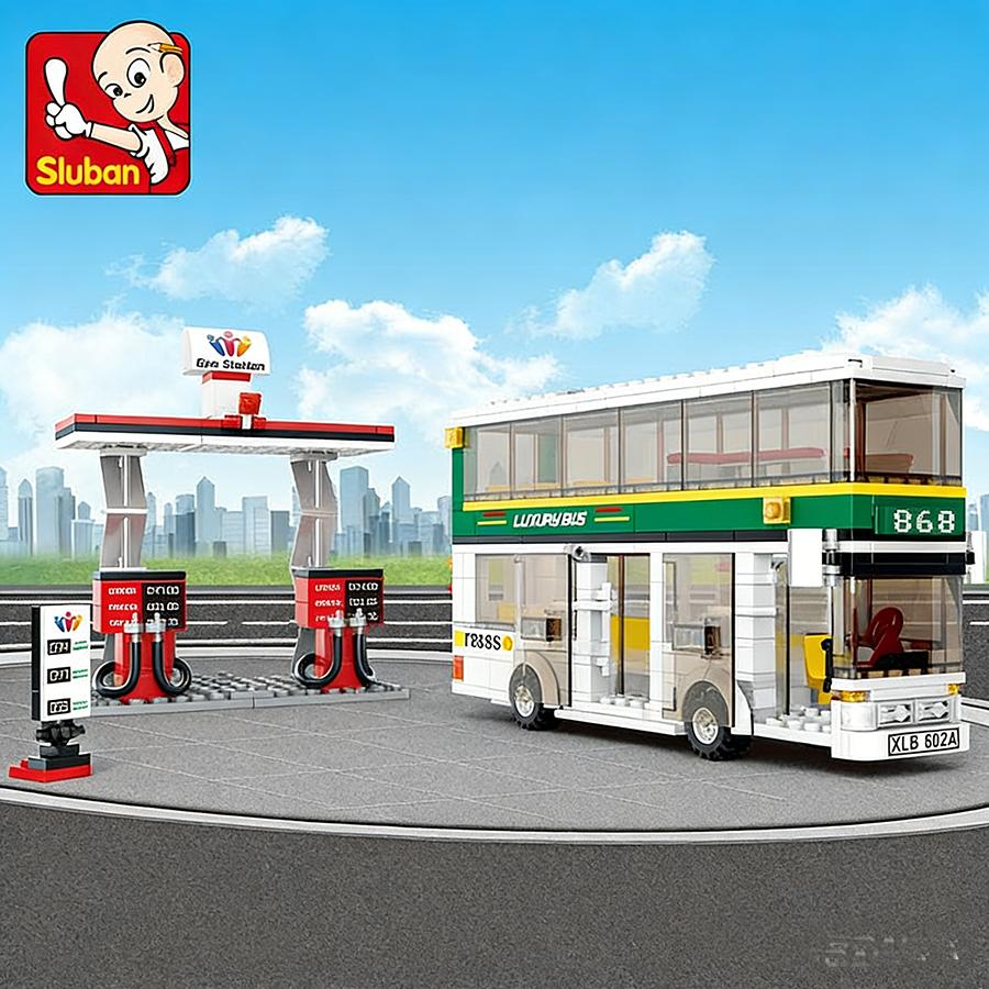 403PCS Sluban 0331 City Town School Green Child-Safe Double decker Bus Building Blocks 3 Figures Children Do-It-Yourself Car Miniature Playthings