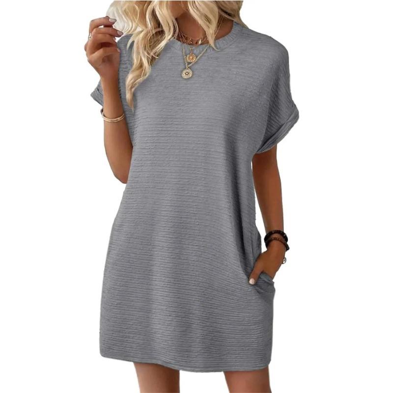 JKASHDK Women's Fashion Summer Spring Solid Color Print Short Sleeve O-Neck Loose Waistlinet Casual Dresses