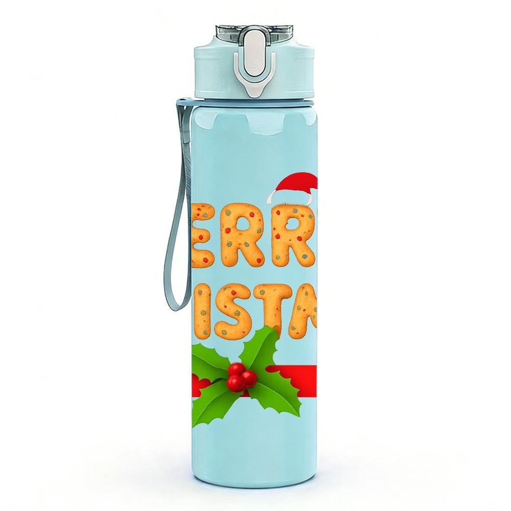 1PC Merry Christmas Banner Text Pattern 750ml Color Plastic Sports Water Bottle Leakproof Flip Straw Lid Suitable for Sports Office Home Use