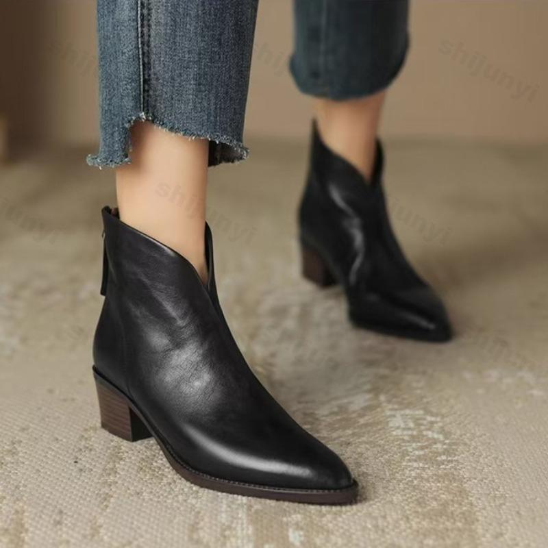 

Women Ankle Boots 2026 Autumn Winter Retro Pointed Toe Chelsea Boots PU Leather Femme Mid-heel Stubby Short Boots Botas Mujer 35 чорний