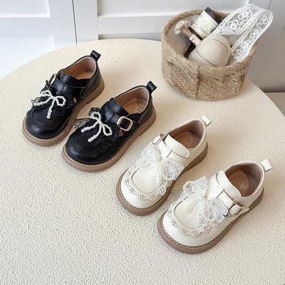 Girls' 2025 Autumn Leather Princess Shoes - Black Bow Mesh