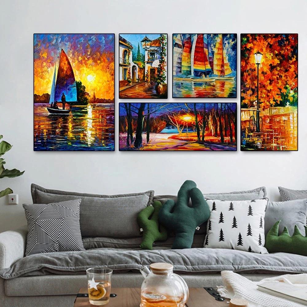 World Famous Street Scenery Canvas s Night Scene Canvas Picture European Oil Print for Living Room Wall Decor