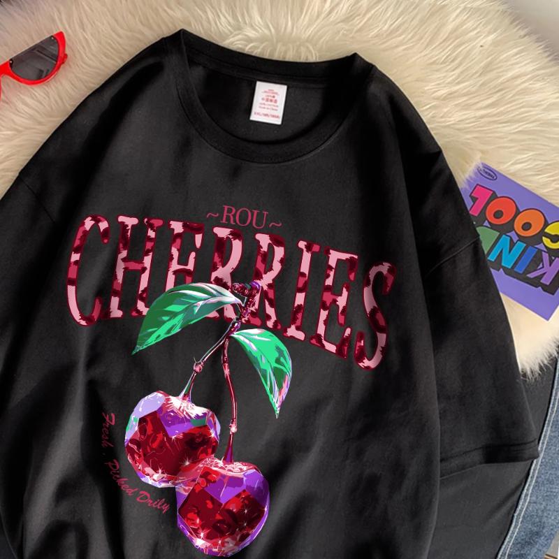 ROU Cherries T Shirt Women Purple Crystal Prints Oversize Cotton T-Shirts Casual O-Neck Short Sleeve Tops Summer Woman Clothes