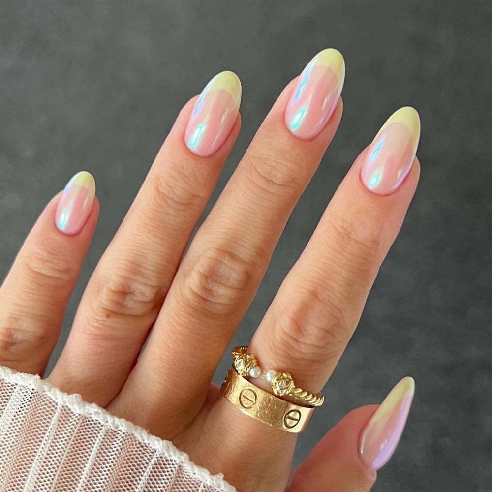 Naked powder coating simple wearing nail French yellow edge short almond nail art nail piece hot-selling nail piece