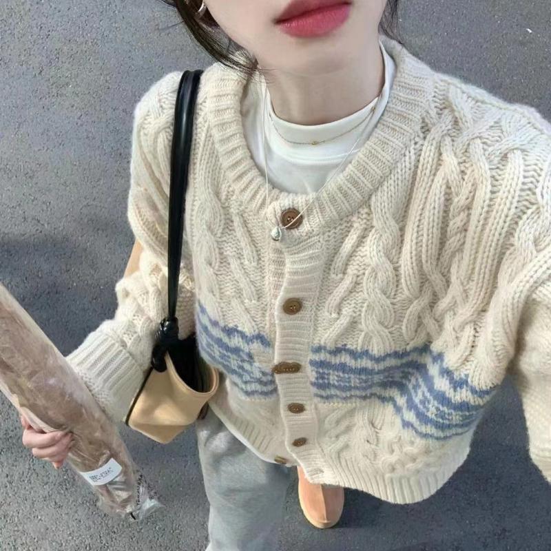 Svetr kardigan kabát pro ženy z ovčí vlny v retro barevném kontrastu, japonský ležérní styl, volný, smažené koblížky