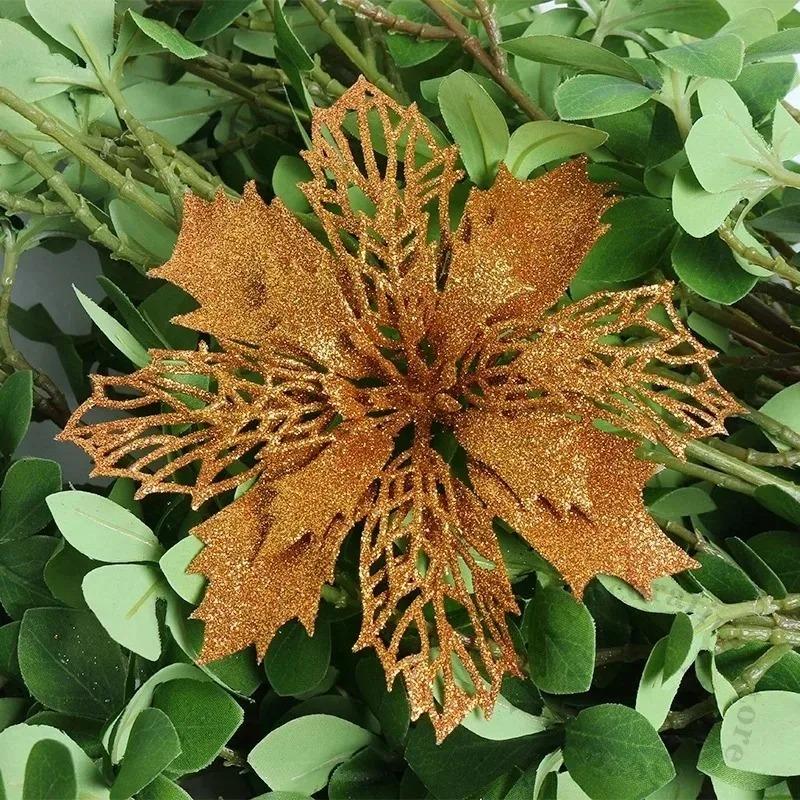 5Pcs Gold Christmas Sparkling Flowers Heads For Xmas Tree Hanging Ornament Home Room Decor Party DIY Wreath New Year 2025 Gifts