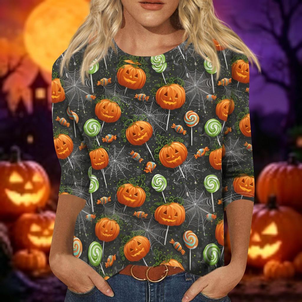 Women Casual Three Quarter Sleeve Halloween Pumpkin Print Crew Neck Top Lightweight Comfortable Fall Shirt for Everyday Wear