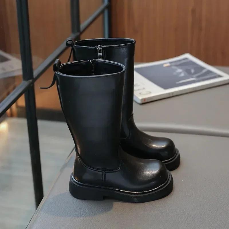 Girl's Long Boots Black Pu Leather Platform Plush Trendy Children Winter Boot Zipper Knee-high Handsome Stylish Kids Shoes 26-36