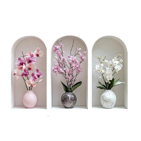 3Pcs 3D Flower Wall Stickers, Realistic Flowers Vase Wall Decals, Waterproof Self-Adhesive Potted Plants Stickers, Greenery Wall Stickers for Living