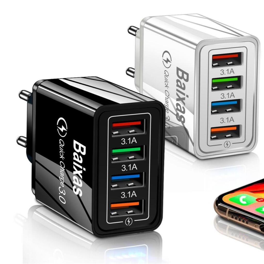 4-Port USB Mobile & Tablet Charger - US/EU Standard, 3A Travel Charger