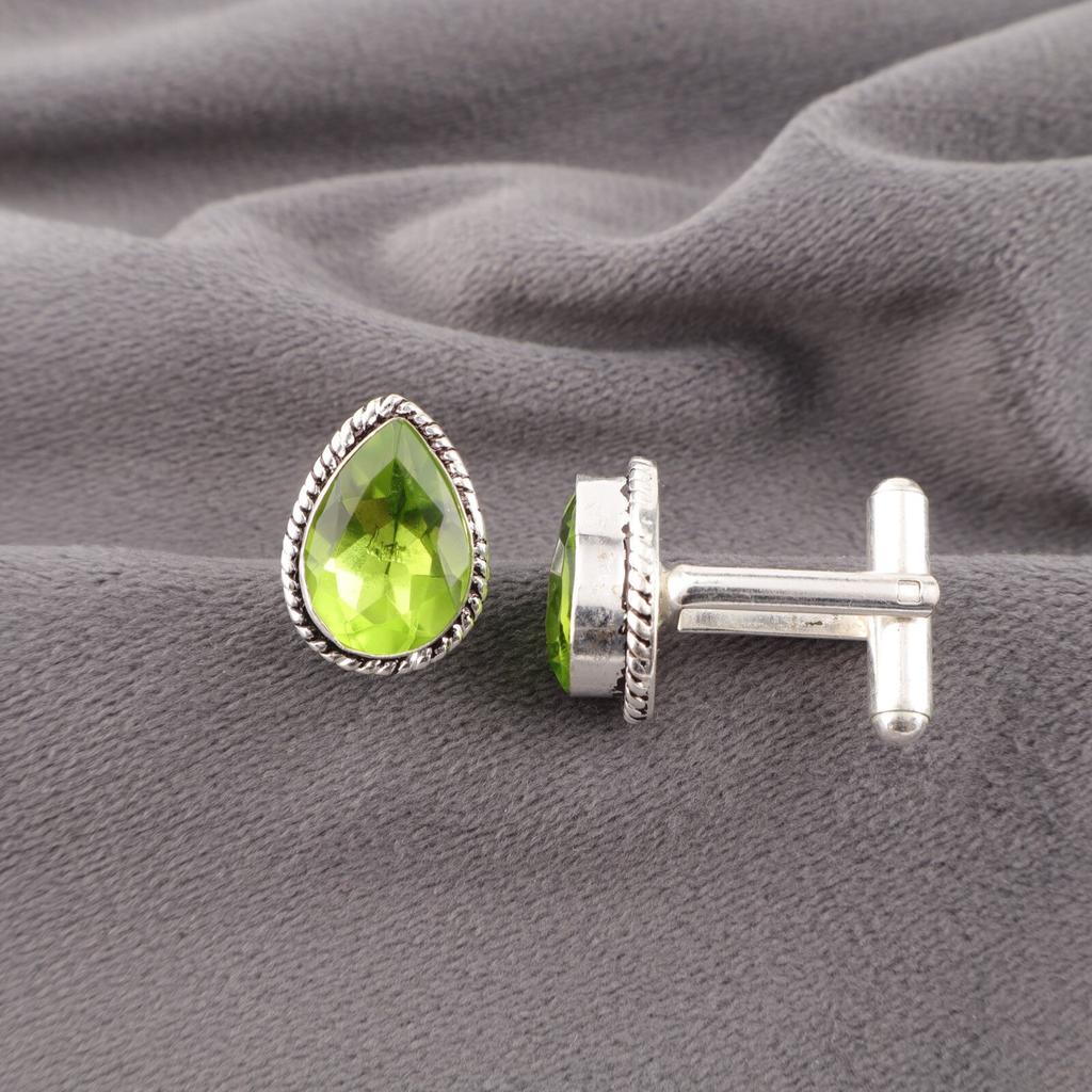 Peridot Gemstone 925 Stamped Silver Handmade Jewelry Pear Shape  Cufflinks 0.67" CL-5-1