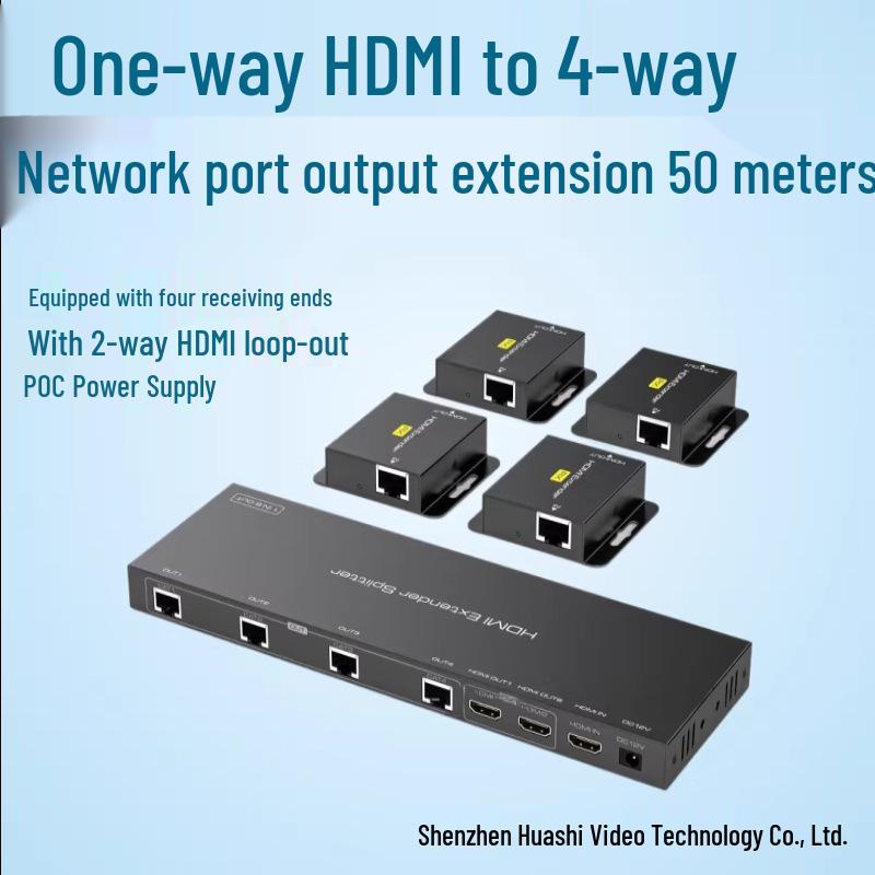 

HDMI to Network Extender: 1-way input, 4-way output, 4 receivers, 2-way HDMI loop-out, 1080P, 50m range. HDMI port, Network port чорний