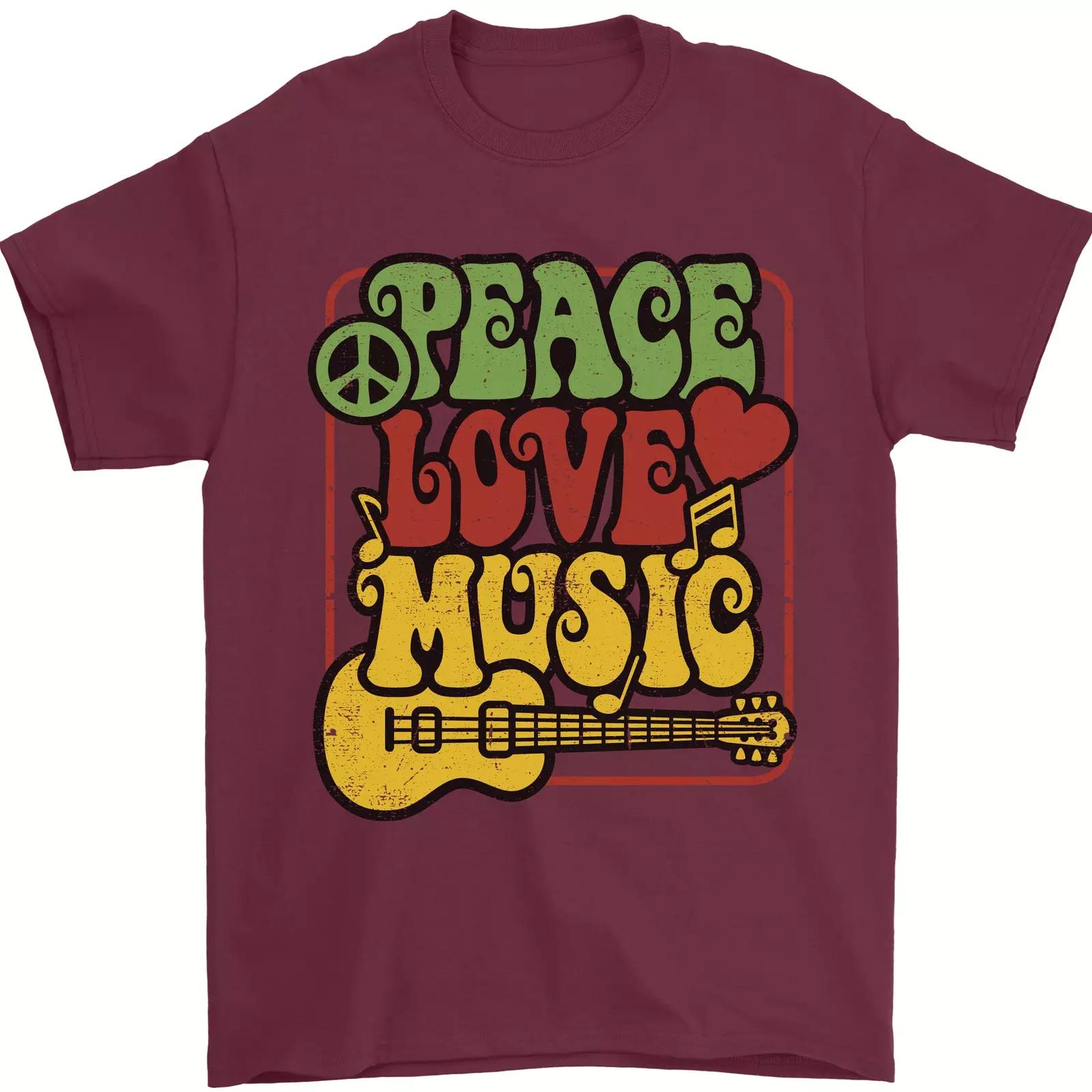 

Peace Love Music Guitar Hippy Flower Power Mens T-Shirt 100% Cotton S